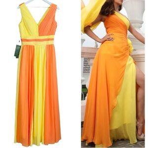 Grace Karin NWT Yellow & Coral Orange Color Block Pleated Maxi Dress Size Size 8